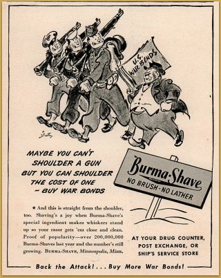 1944 Wwii Burma Shave Marching Soldier Fat Money Man Comic Cartoon Print Ad