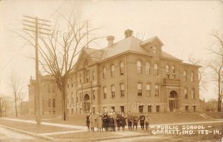 Rppc Real Photo Postcard Public School Building Garrett Indiana Children 1911 In