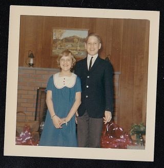Vintage Photograph Young Boy And Girl Standing In Retro Living Room