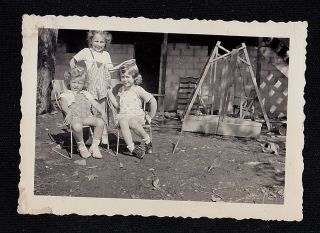 Old Vintage Antique Photograph Cute Little Girls Sitting In Backyard By Glider