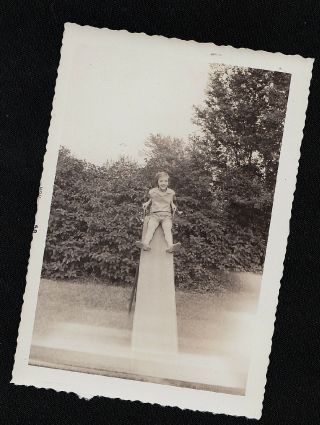 Old Vintage Antique Photograph Little Girl Sitting On Huge Slide In Park / Yard
