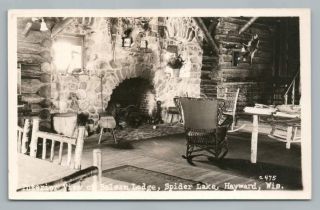 Balsam Lodge Fireplace & Rocking Chair Rppc Spider Lake Hayward Wisconsin Photo