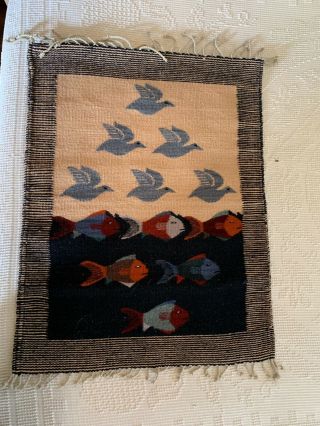 Vintage Woven Wool Mexican Bird Fish Rug Wall Hanging 32” X 24”