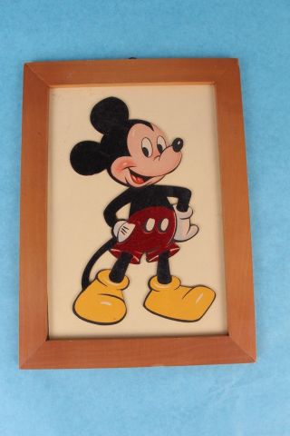 Vintage Disney Mickey Mouse Die Cut Wood Framed Wall Art Plaque