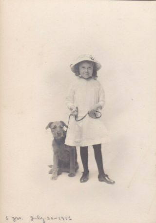 Vintage Photograph Little Girl Ringlets Hair Hat,  Holding Large Terrier Sitting