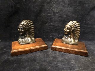 Vintage Brass Bookends Indian Heads Mounted On Wood Leather Bottoms