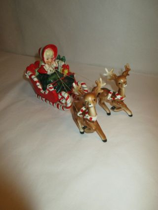 Vintage 1950s Lefton Christmas Girl In Candy Cane Sleigh With Reindeer Figurine