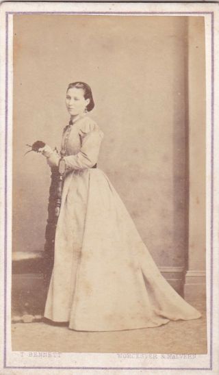 Antique Cdv Photo - Standing Lady.  Long Dress.  Worcester Studio