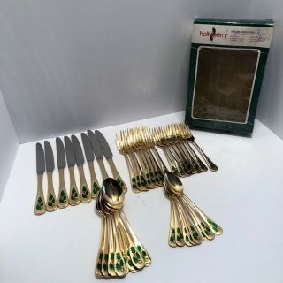Vintage Gold Plate Hollyberry Flatware 40 Pc Service For 8 Holly Berry Korea