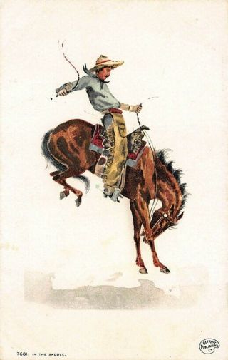 Detroit Publishing Bucking Bronco Cowboy " In The Saddle " Postcard