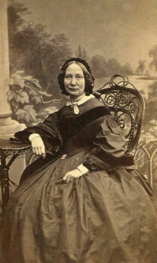 Antique Civil War Era Cdv Photo Lovely Woman W Hoop Dress Bonnet Wicker Chair