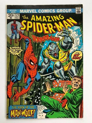 Spider - Man 124 Marvel 1st Man - Wolf App.  September 1973 Fn,