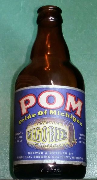 Pom Pride Of Michigan Beer Steinie Bottle,  White Seal Brew.  Co.  Flint,  Mi.  Irtp