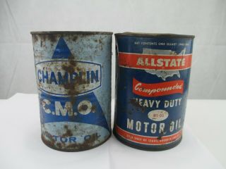 (2) Vintage 1 Quart Motor Oil Cans Champlin C.  M.  O.  Can Empty & 1 Allstate Full