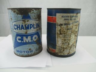 (2) Vintage 1 Quart Motor Oil Cans Champlin C.  M.  O.  Can empty & 1 Allstate Full 2