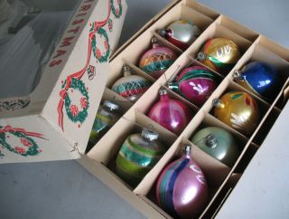 1950s Vintage Poland Hand Paint Glass Christmas Ornaments W/ Shiny Brite Indents