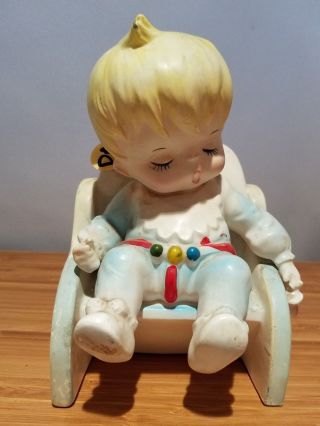 Vtg Lefton Little Baby Boy In Baby Seat Planter/ Vase Nursery Figurine 1385