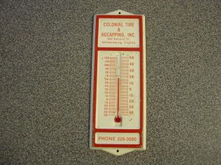 Vintage Colonial Tire Recapping Metal Advertising Thermometer Williamsburg Va