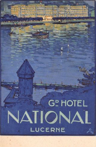Lucerne,  Switzerland,  Grand Hotel National Poster Style Adv Pc,  C 1904 - 14