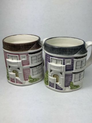 Two Vintage Otagiri Victorian House Ceramic Coffee Mug 3d Relief
