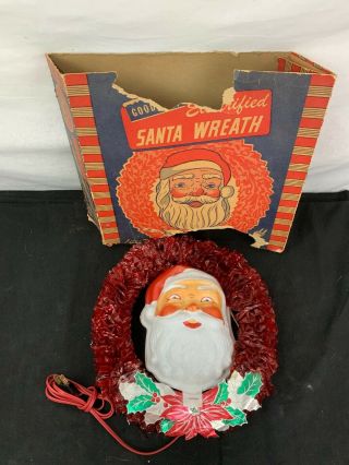 Vintage Plastic Lighted Santa Claus Face Wreath Blow Mold Light Christmas
