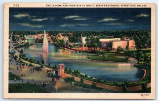 Postcard Tx 1936 Dallas Texas Centennial Expo Lagoon & Fountain Night Linen I5