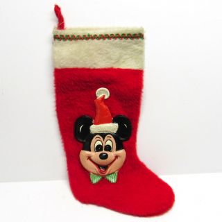 Vintage 60s Mickey Mouse Christmas Stocking Plastic Santa Face 15 " Fuzzy Red