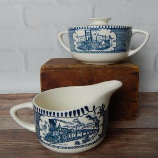 Vintage Currier & Ives Royal China Blue Lidded Sugar Bowl Creamer Set