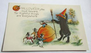 Vintage Whitney Halloween Postcard Black Cat Witch Hat Mice Jol Pumpkin