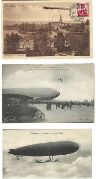3 Pre Ww1 German Zeppelin Dirigible Postcards Luneville Epinal Hotel Konstanz