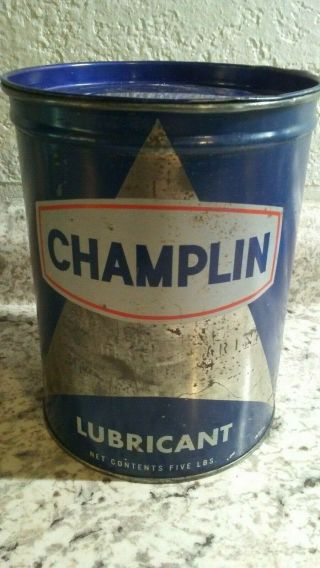 Vintage Champlin Lubricant 5 Lbs Oil Tin Can Grease Petroleum Litho