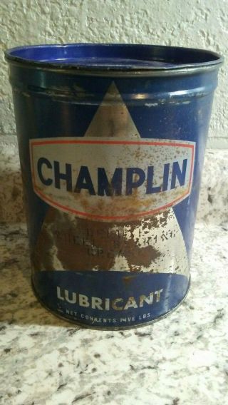 Vintage Champlin Lubricant 5 lbs Oil Tin Can Grease Petroleum Litho 2