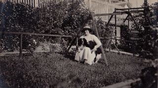 Old Antique Vintage Photograph Woman With Two Puppy Dogs In Backyard