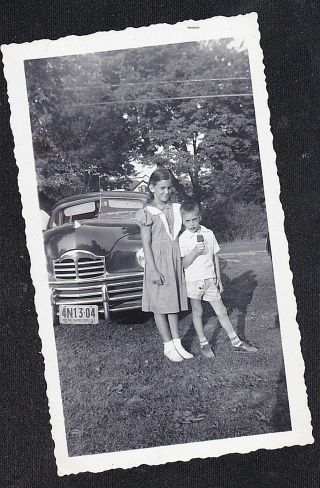 Antique Vintage Photograph Two Children Standing By Vintage Car Automobile Auto