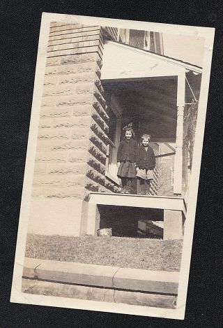 Vintage Antique Photograph Two Adorable Little Children Standing On Porch