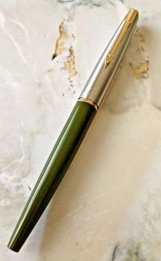 Parker 45 Fountain Pen Green Barrel Chrome Cap Gold Trim Vintage Circa Early 70s