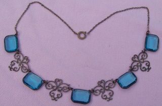Vintage Antique Art Deco Blue Glass Silver Filigree Bib Collar Festoon Necklace