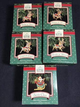 Hallmark Keepsake Ornaments 1992 Santa Claus Sleigh Reindeer Complete Set 5