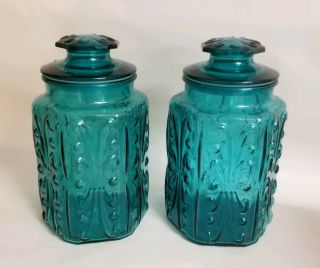 Vintage Atterbury Scroll Glass Teal Blue Canister - Set Of Two Large