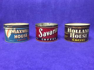 3 Vintage 1 Ib Coffee Cans - 1 Maxwell House,  1 Savarin & 1 Holland House