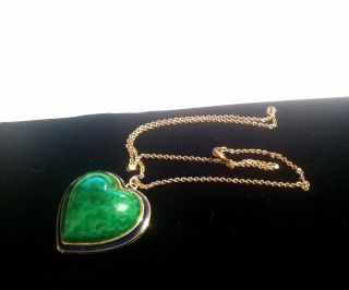 Vintage Ciner Green Glass Cabochon Enamel Heart Necklace One Owner