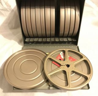 Brumberger Vtg 7” reel 12 Empty Film Canisters & Safe Box case movie 8 mm 2