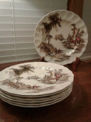Set Of 7 Vintage Johnson Brothers The Old Mill 10 " Dinner Plates Excel