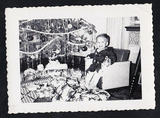 Vintage Antique Photograph Cute Little Boy Sitting In Chair By Christmas Tree