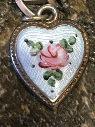 Vintage Sterling Puffy Heart Charm W/blue Enamel,  Guilloche,  Hand - Painted Rose