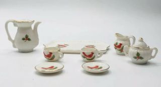 Authentic Lefton Porcelain Christmas Cardinal Miniature Tea Set Tray 9 Piece Vtg