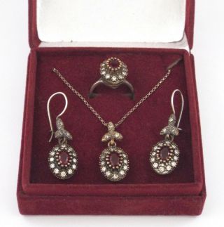 Lovely Vintage Red & Clear Crystals Sterling Silver Necklace,  Earrings,  Ring Set