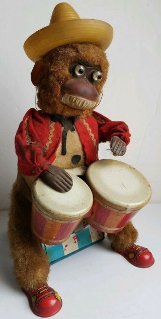 Bongo Monkey Battery Operated Toy Vintage Alps Bongo Drum Lit Eyes Sombrero Hat