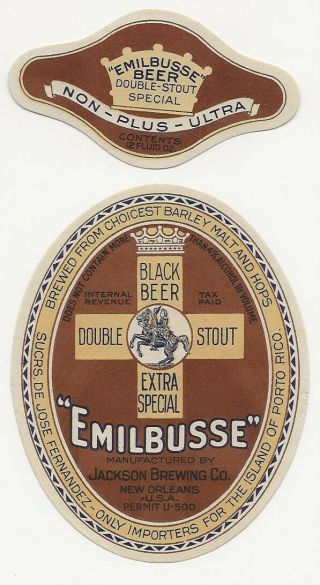 Jackson Brg Emilbusse Black Dbl Stout Beer Label W/neck Irtp U Orleans La