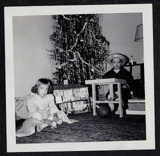 Antique Vintage Photograph Cute Little Boy & Girl Sitting By Christmas Tree